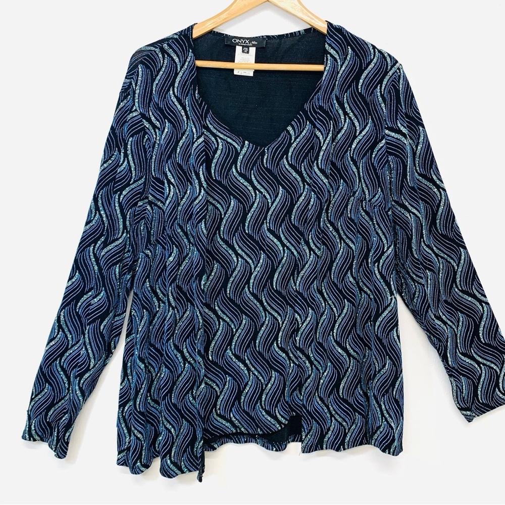 Vtg Onyx Nite Top Woman 1X Sparkle Faux Twin Slinky Knit Formal Blue Black USAโ